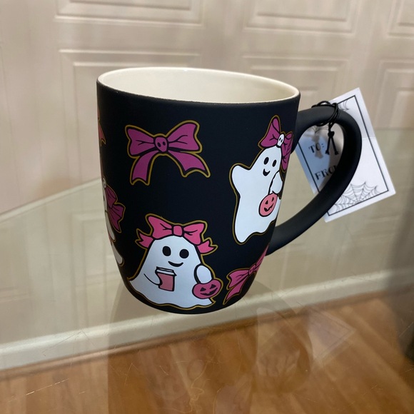 Cobwebs And Cauldrons Halloween Coffee Mug With Pink Bows And Coquette Ghosts. - Picture 3 of 6